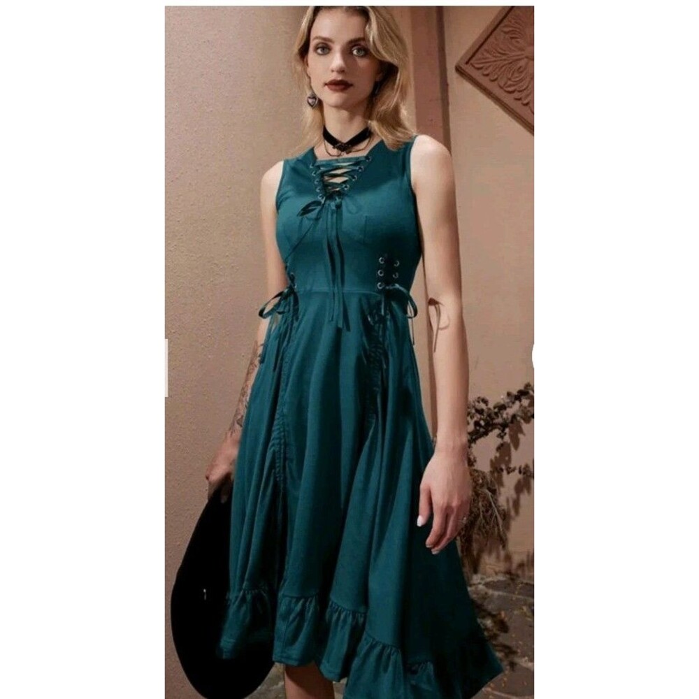 Scarlet Darkness Womens Steampunk Lace-up Drawstring High-lo Dress Green Size L